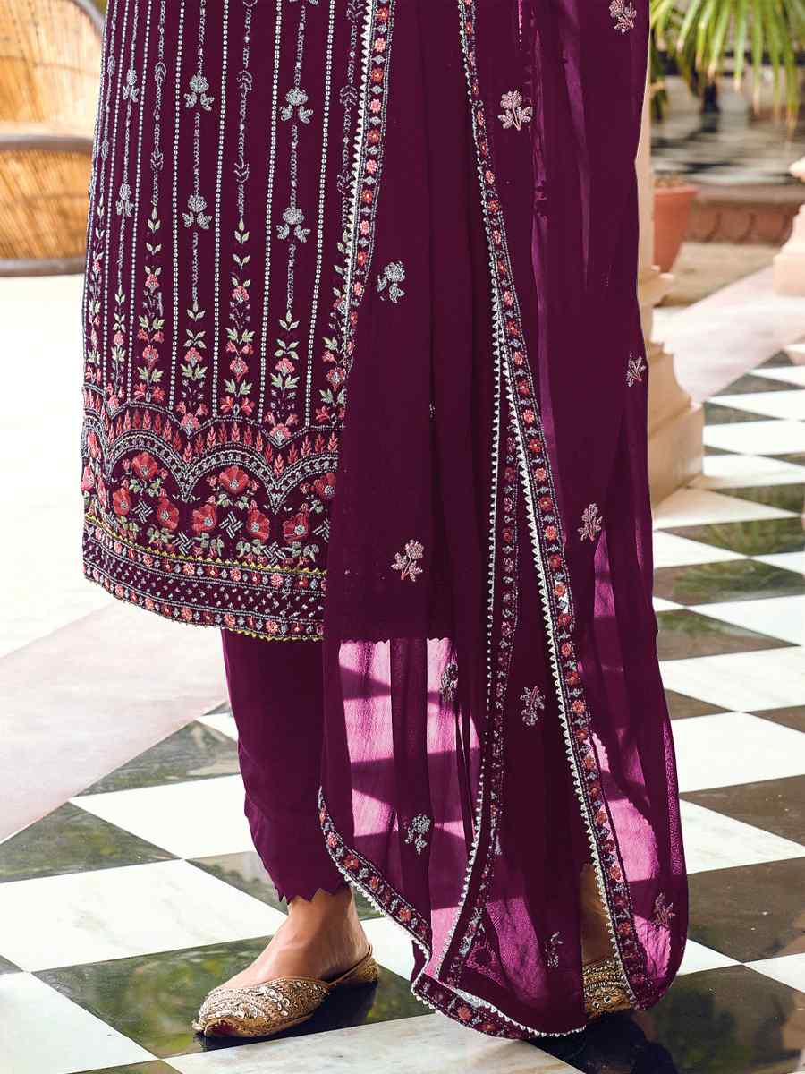 Purple Heavy Faux Georgette Embroidered Festival Wedding Pant Salwar Kameez