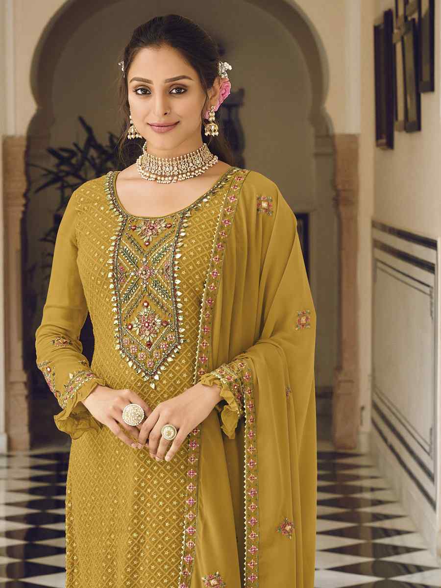 Mehendi Heavy Faux Georgette Embroidered Festival Wedding Pant Salwar Kameez