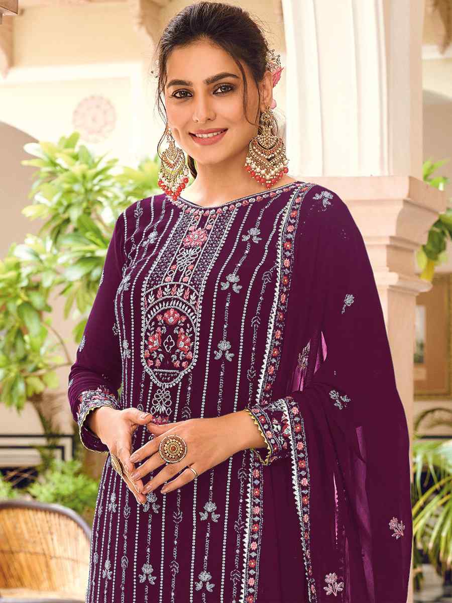 Purple Heavy Faux Georgette Embroidered Festival Wedding Pant Salwar Kameez