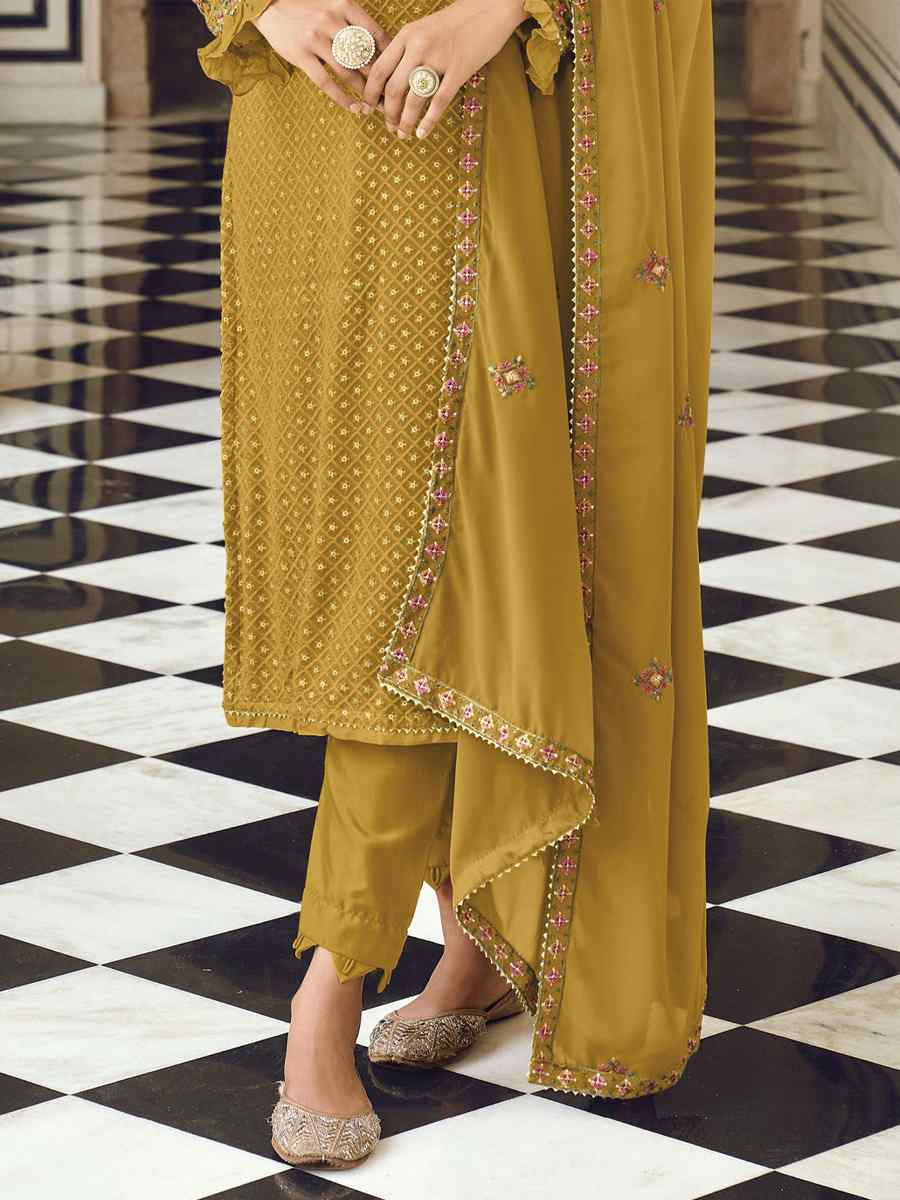 Mehendi Heavy Faux Georgette Embroidered Festival Wedding Pant Salwar Kameez