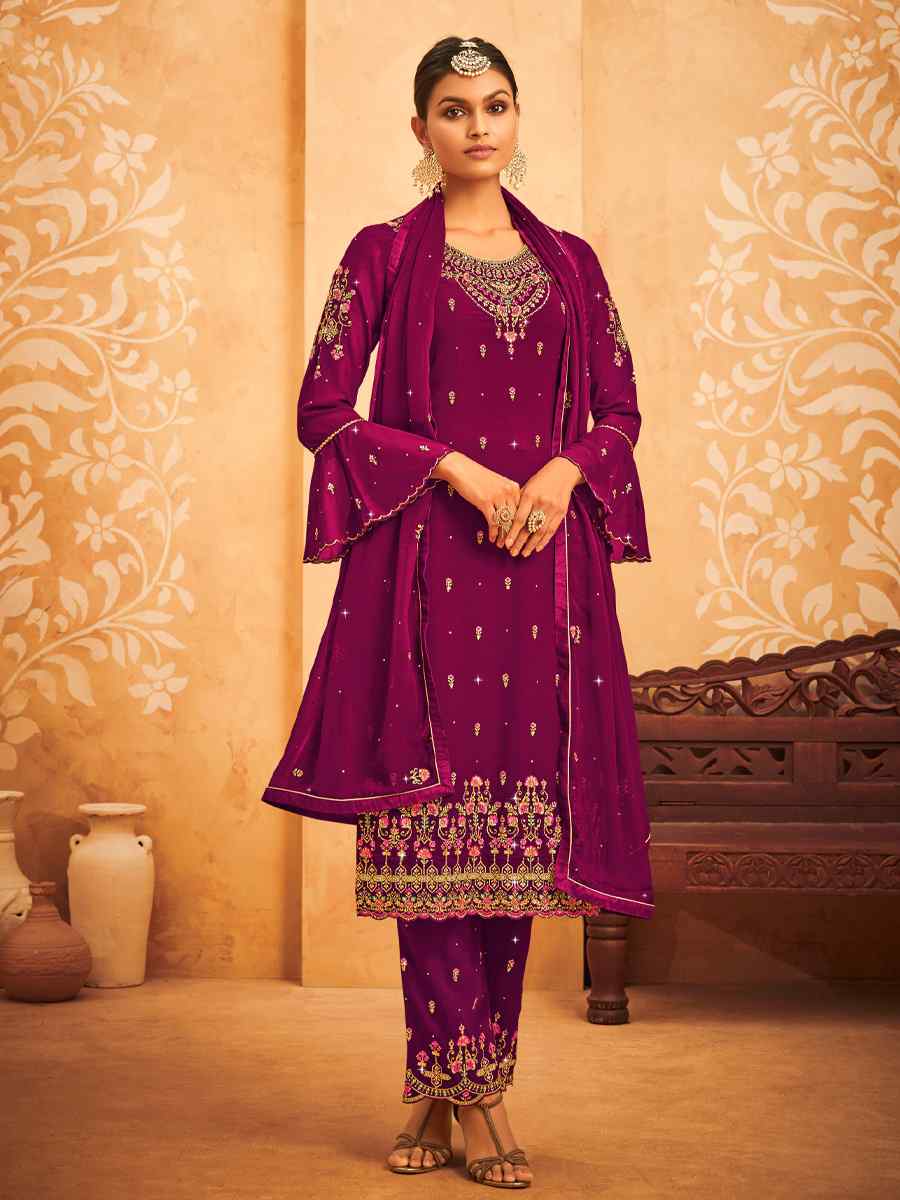 Purple Heavy Faux Georgette Embroidered Festival Wedding Pant Salwar Kameez