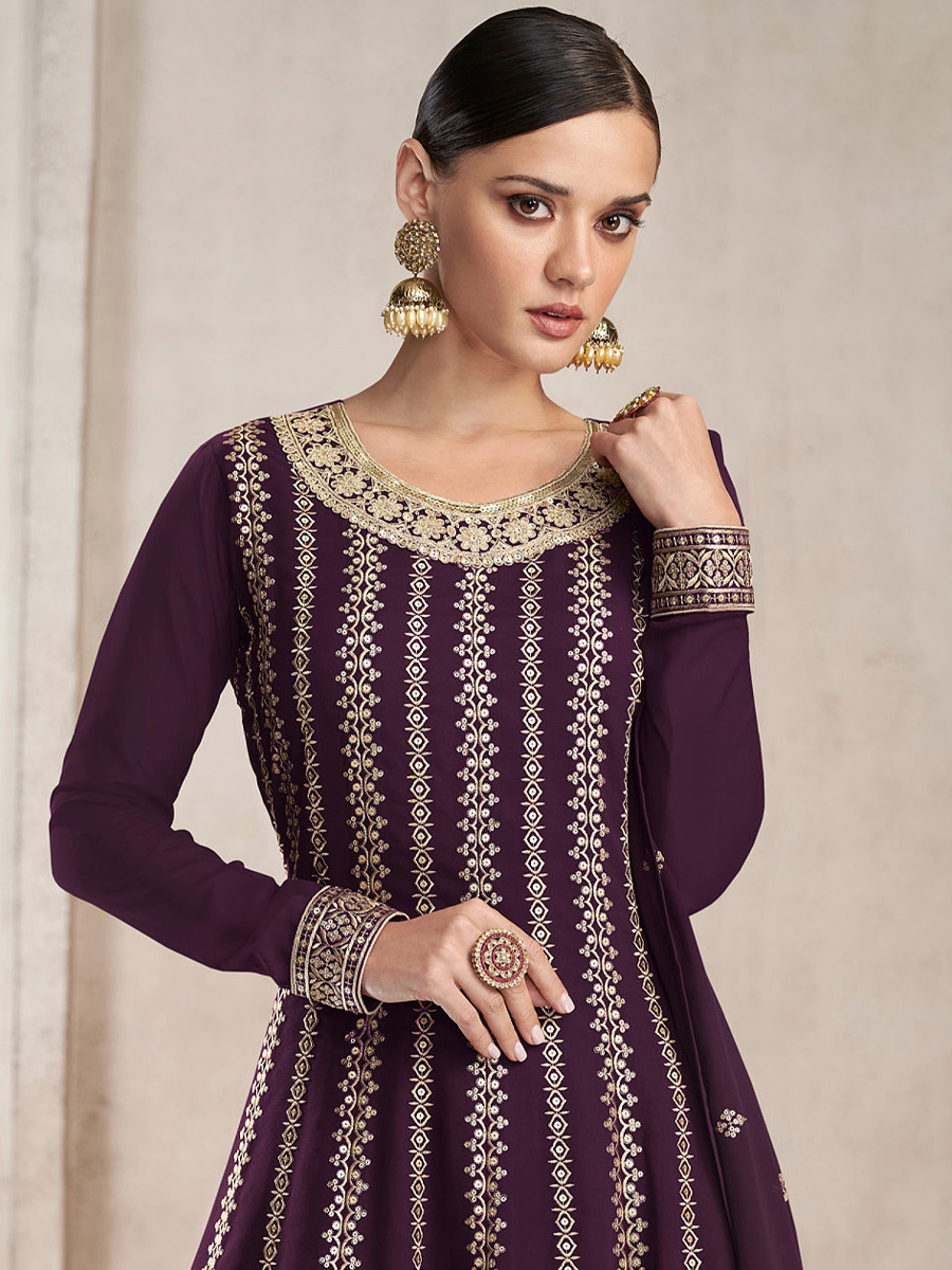 Purple Heavy Faux Georgette Embroidered Festival Wedding Sharara Pant Salwar Kameez
