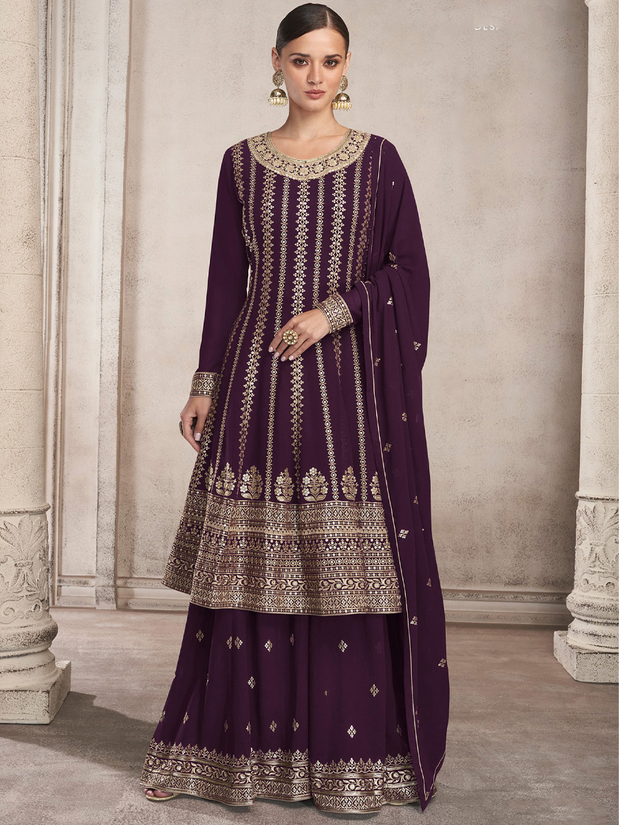 Purple Heavy Faux Georgette Embroidered Festival Wedding Sharara Pant Salwar Kameez