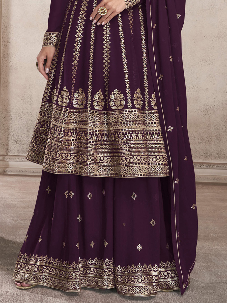 Purple Heavy Faux Georgette Embroidered Festival Wedding Sharara Pant Salwar Kameez