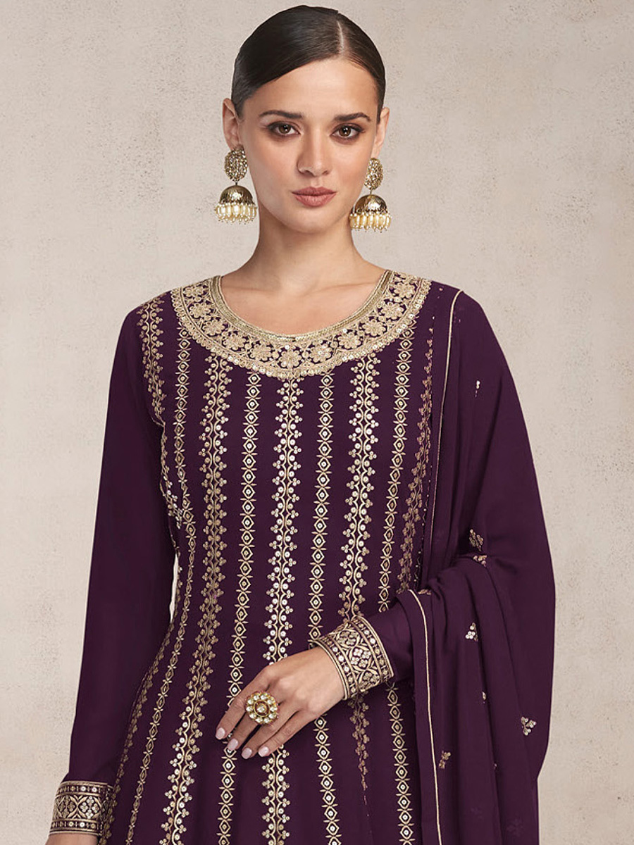 Purple Heavy Faux Georgette Embroidered Festival Wedding Sharara Pant Salwar Kameez