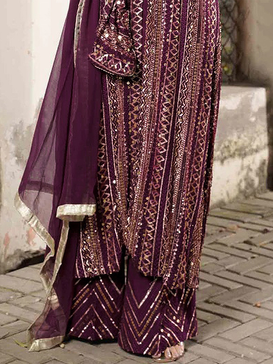 Purple Heavy Faux Georgette Embroidered Party Festival Palazzo Pant Salwar Kameez