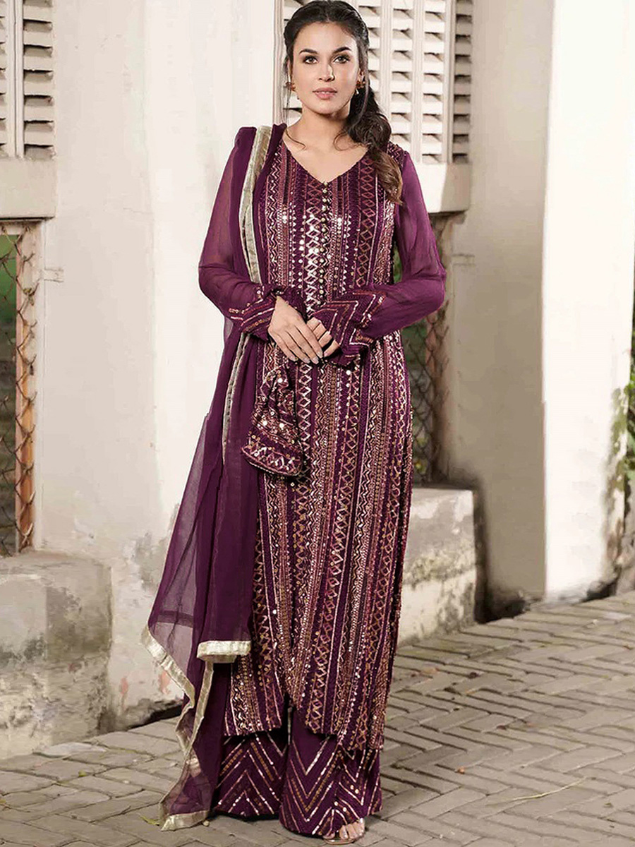 Purple Heavy Faux Georgette Embroidered Party Festival Palazzo Pant Salwar Kameez
