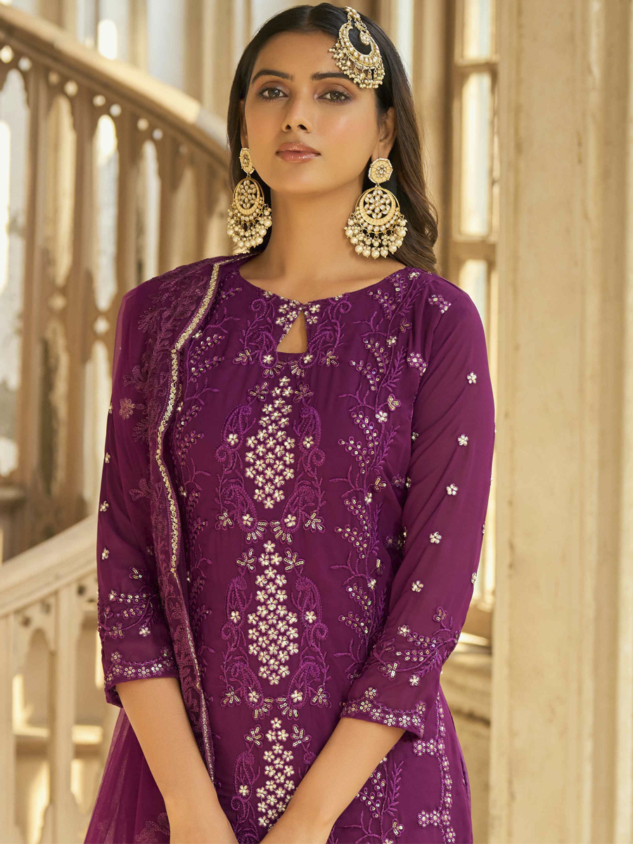 Purple Heavy Faux Georgette Embroidered Party Pant Salwar Kameez