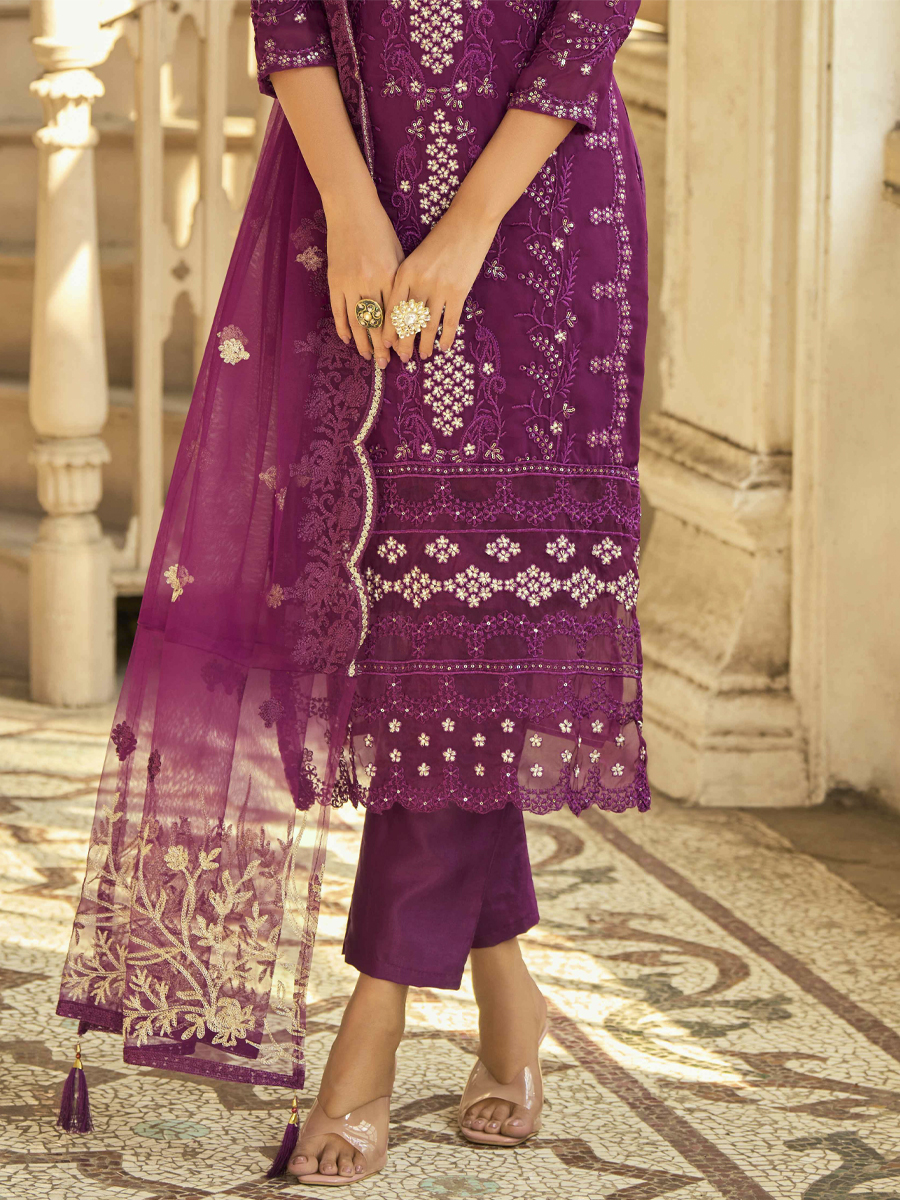 Purple Heavy Faux Georgette Embroidered Party Pant Salwar Kameez