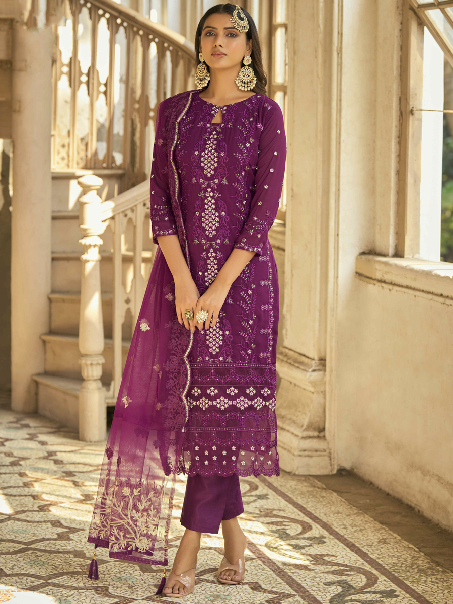 Purple Heavy Faux Georgette Embroidered Party Pant Salwar Kameez
