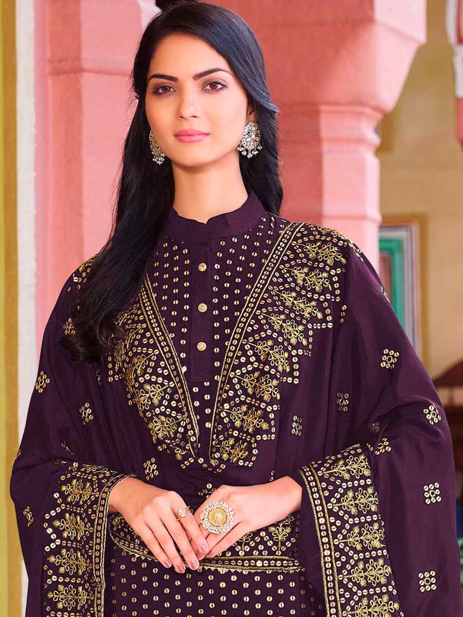 Purple Heavy Faux Georgette Embroidered Wedding Festival Pant Salwar Kameez