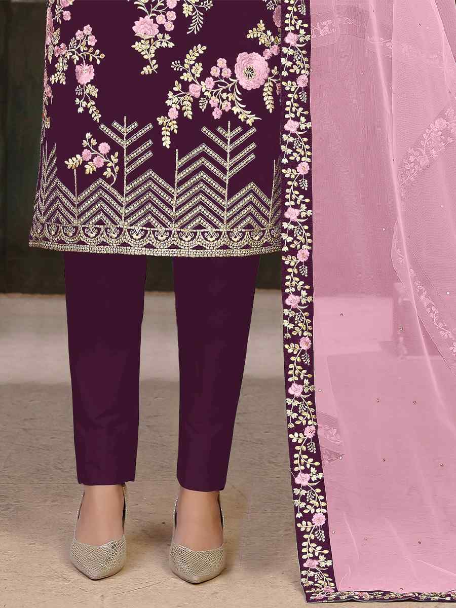 Purple Heavy Faux Georgette Embroidered Wedding Festival Pant Salwar Kameez