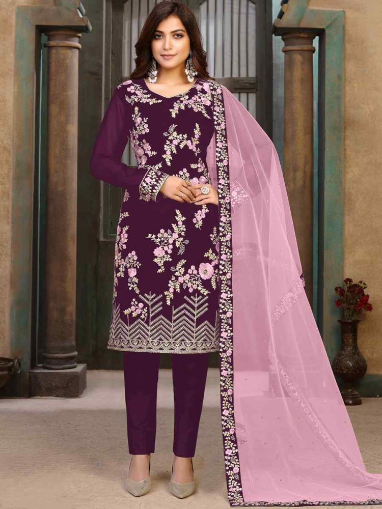 Purple Heavy Faux Georgette Embroidered Wedding Festival Pant Salwar Kameez