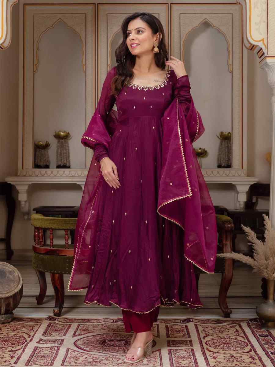Purple Heavy Faux Georgette Embroidery Party Wedding Festival Casual Ready Pant Anarkali Salwar Kameez