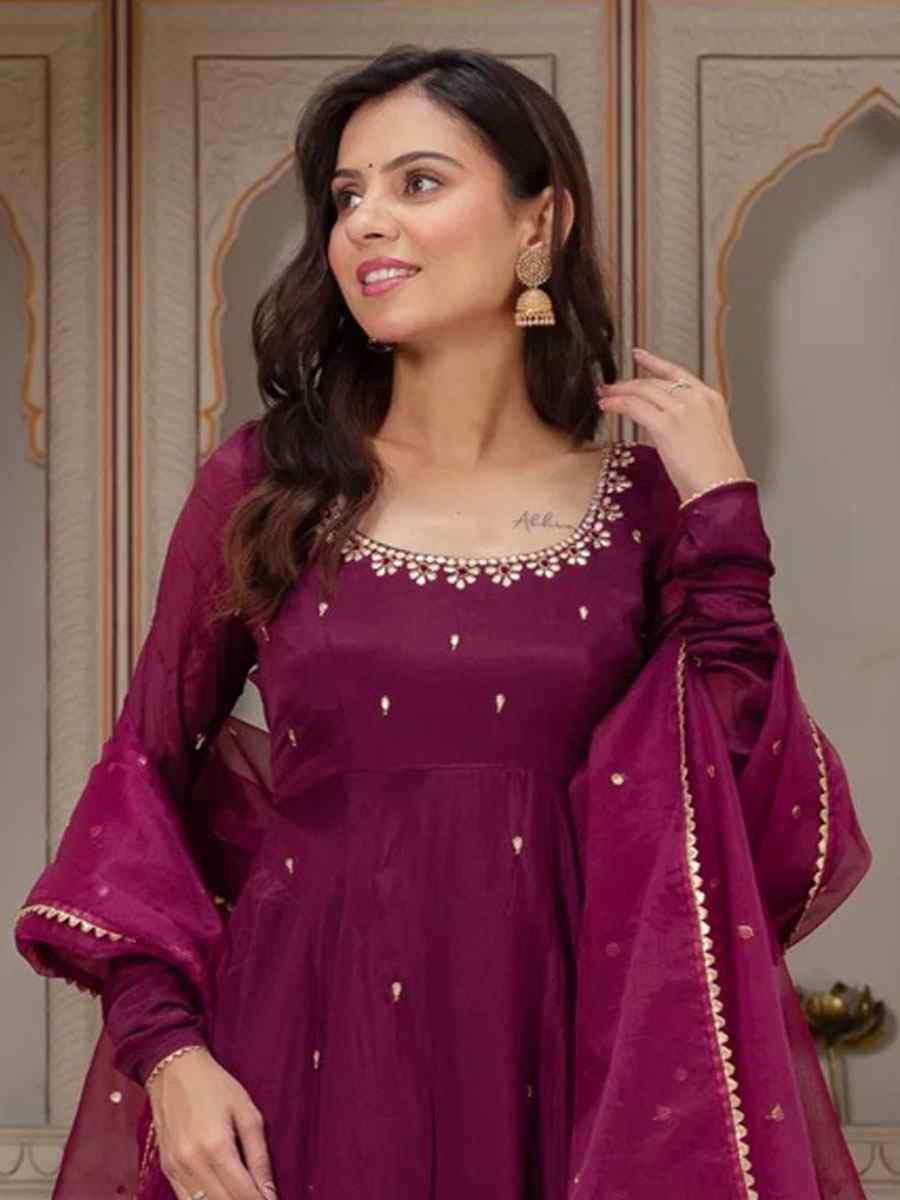 Purple Heavy Faux Georgette Embroidery Party Wedding Festival Casual Ready Pant Anarkali Salwar Kameez
