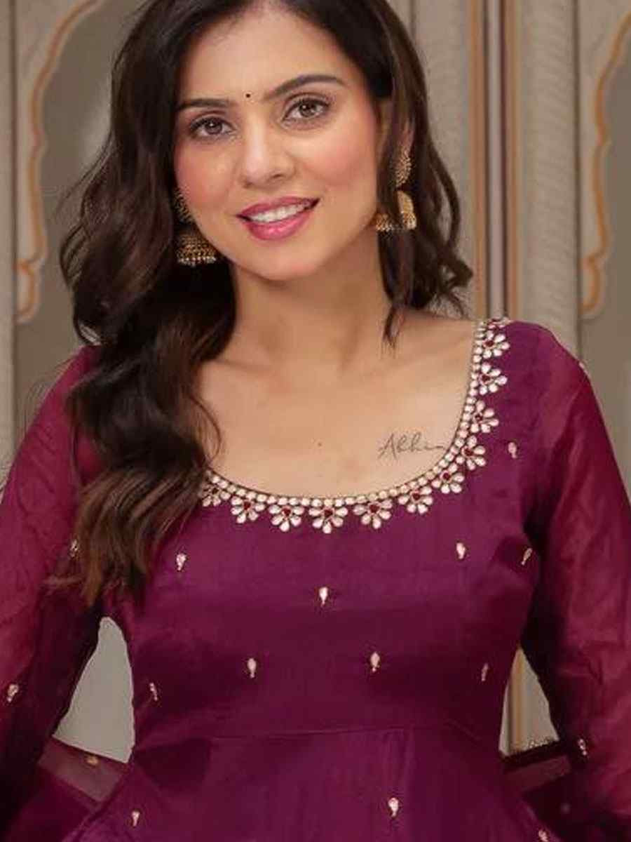 Purple Heavy Faux Georgette Embroidery Party Wedding Festival Casual Ready Pant Anarkali Salwar Kameez