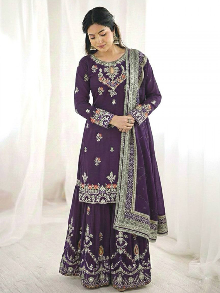 Image of Purple Heavy Faux Georgette Embroidery Sequins Lace Wedding Party Festival Ready Sharara Pant Salwar Kameez