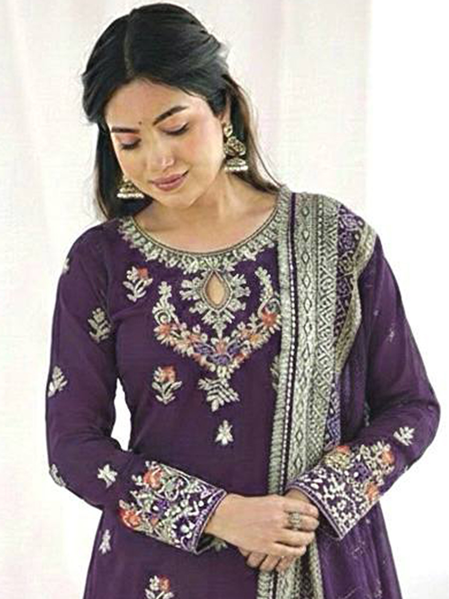 Purple Heavy Faux Georgette Embroidery Sequins Lace Wedding Party Festival Ready Sharara Pant Salwar Kameez