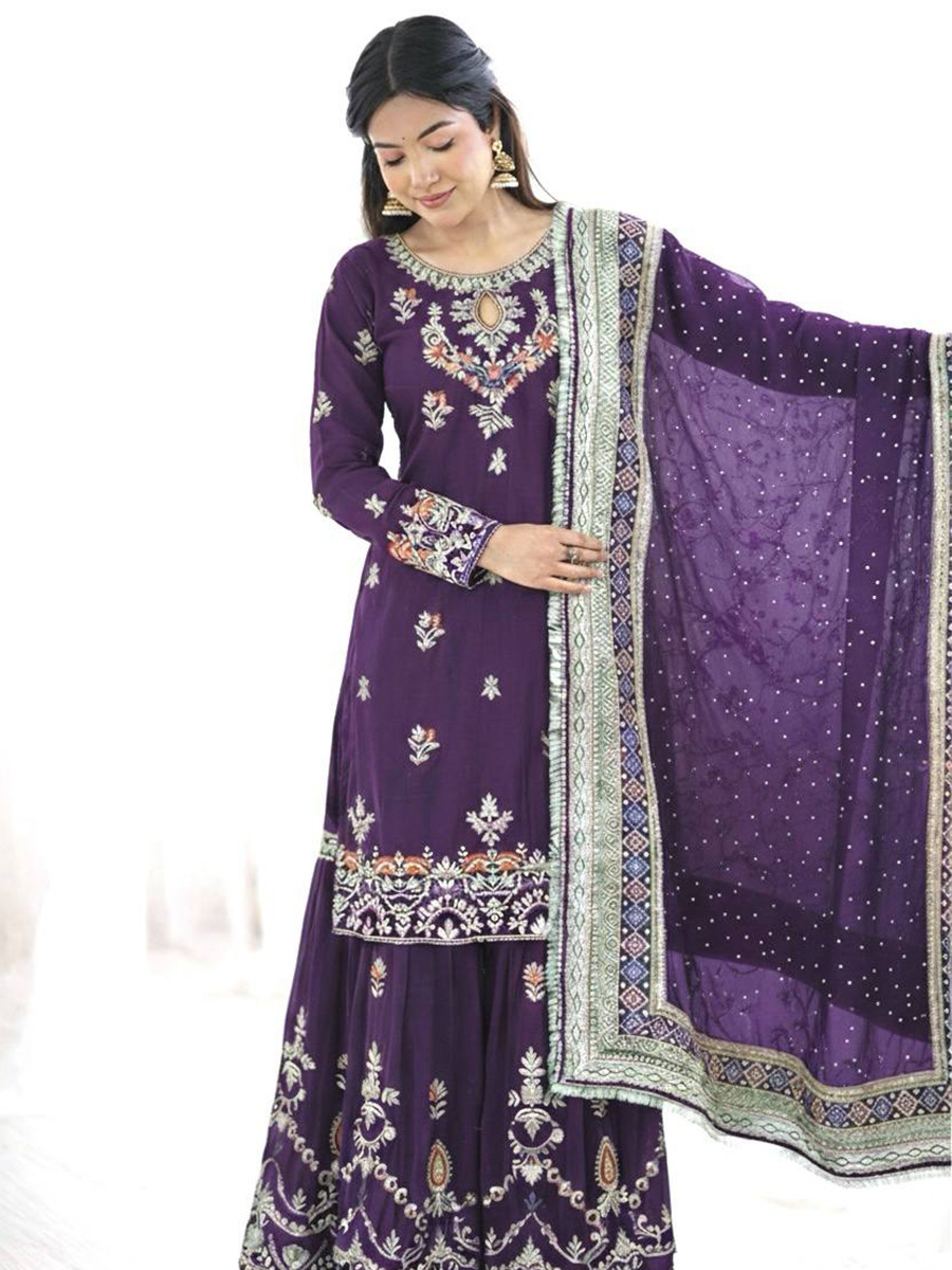 Purple Heavy Faux Georgette Embroidery Sequins Lace Wedding Party Festival Ready Sharara Pant Salwar Kameez