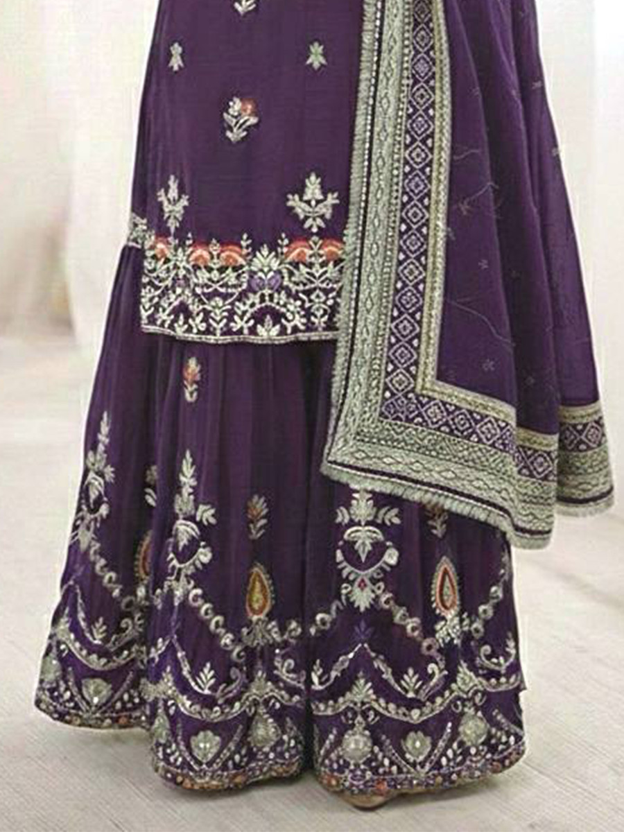 Purple Heavy Faux Georgette Embroidery Sequins Lace Wedding Party Festival Ready Sharara Pant Salwar Kameez