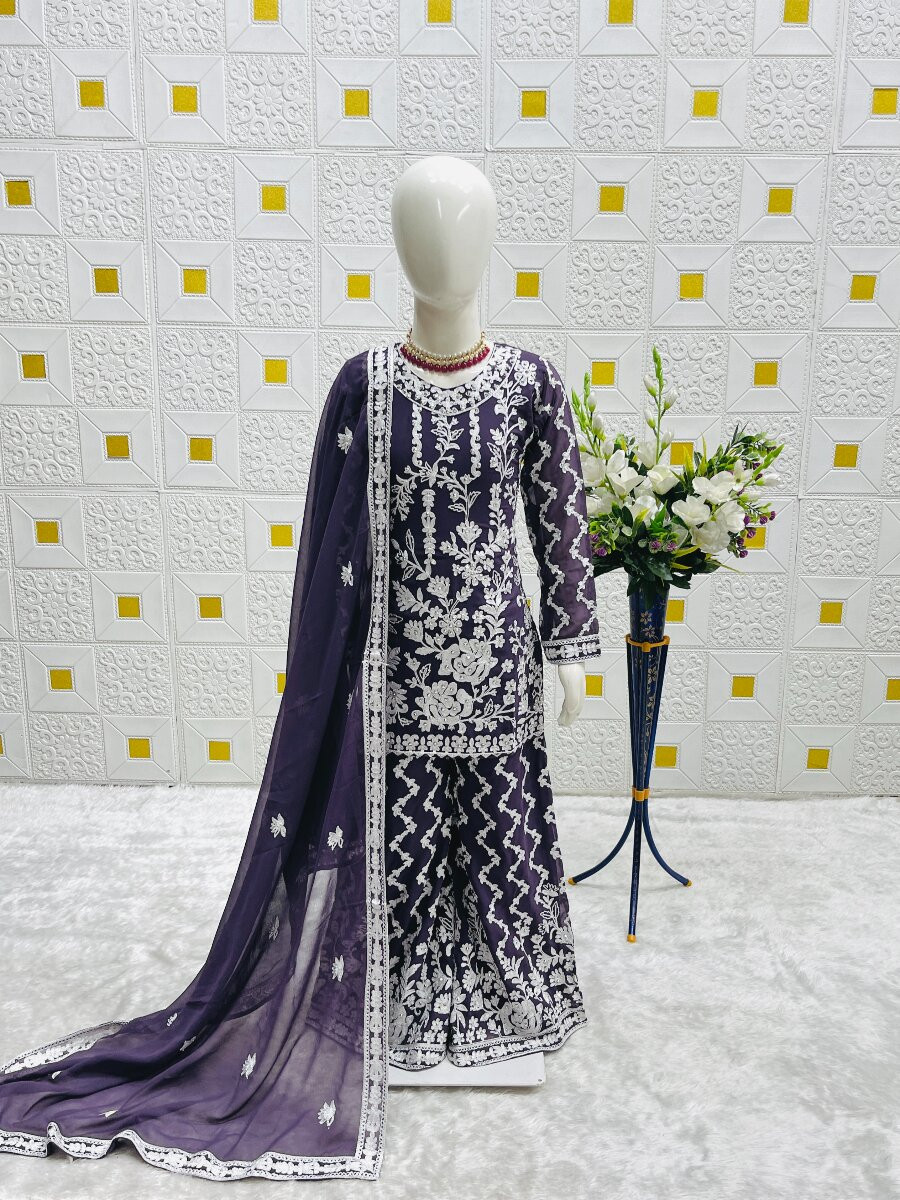 Purple Heavy fox georgette Embroidered Ethnic Casual Festival Party Wedding Salwars Girls Wear
