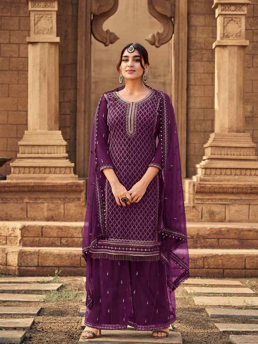 Purple Heavy Fox Georgette Embroidered Festival Wedding Palazzo Pant Salwar Kameez