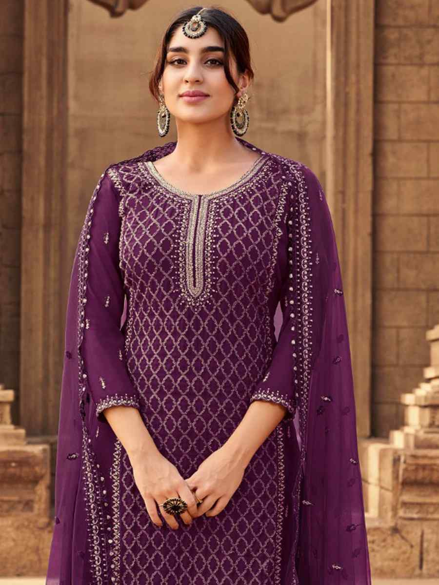 Purple Heavy Fox Georgette Embroidered Festival Wedding Palazzo Pant Salwar Kameez