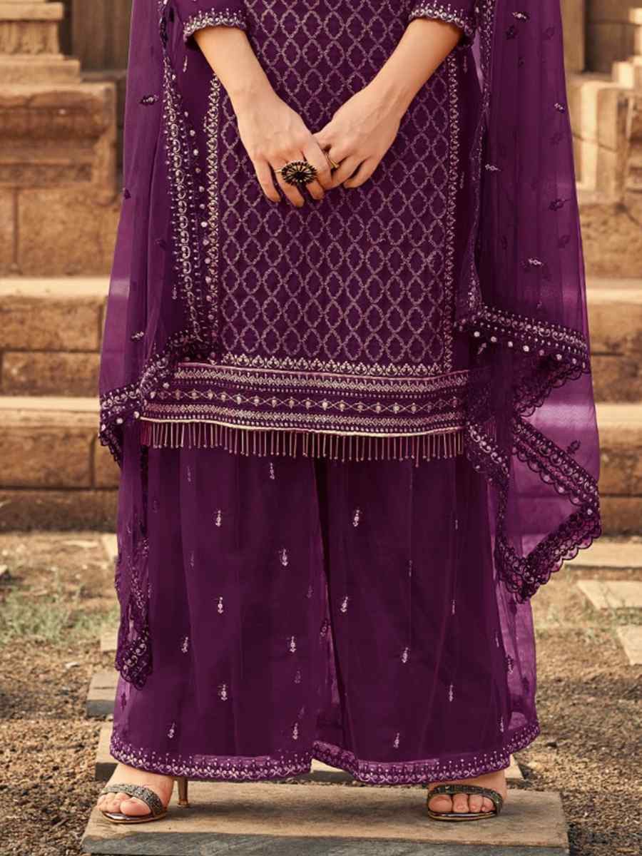 Purple Heavy Fox Georgette Embroidered Festival Wedding Palazzo Pant Salwar Kameez