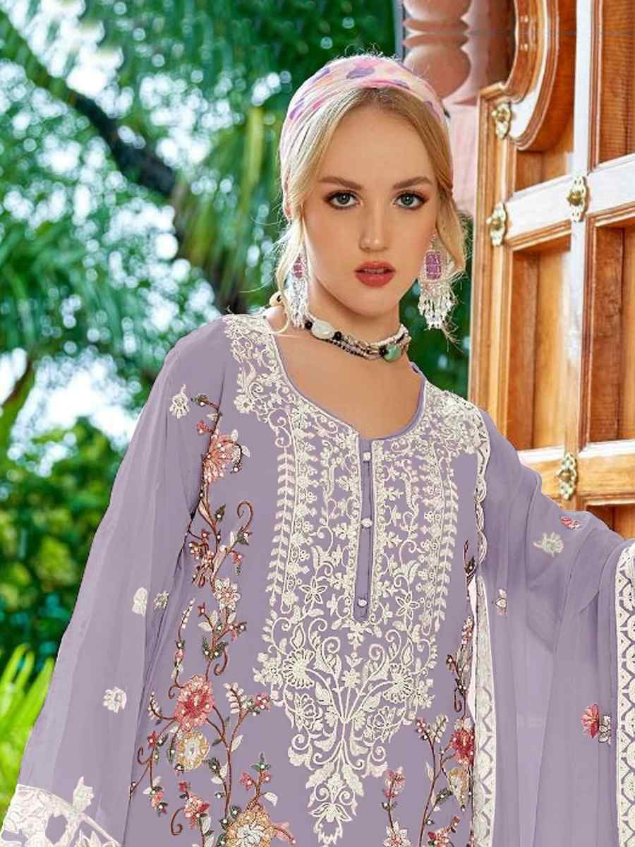 Purple Heavy Fox Georgette Embroidered Festival Wedding Pant Salwar Kameez