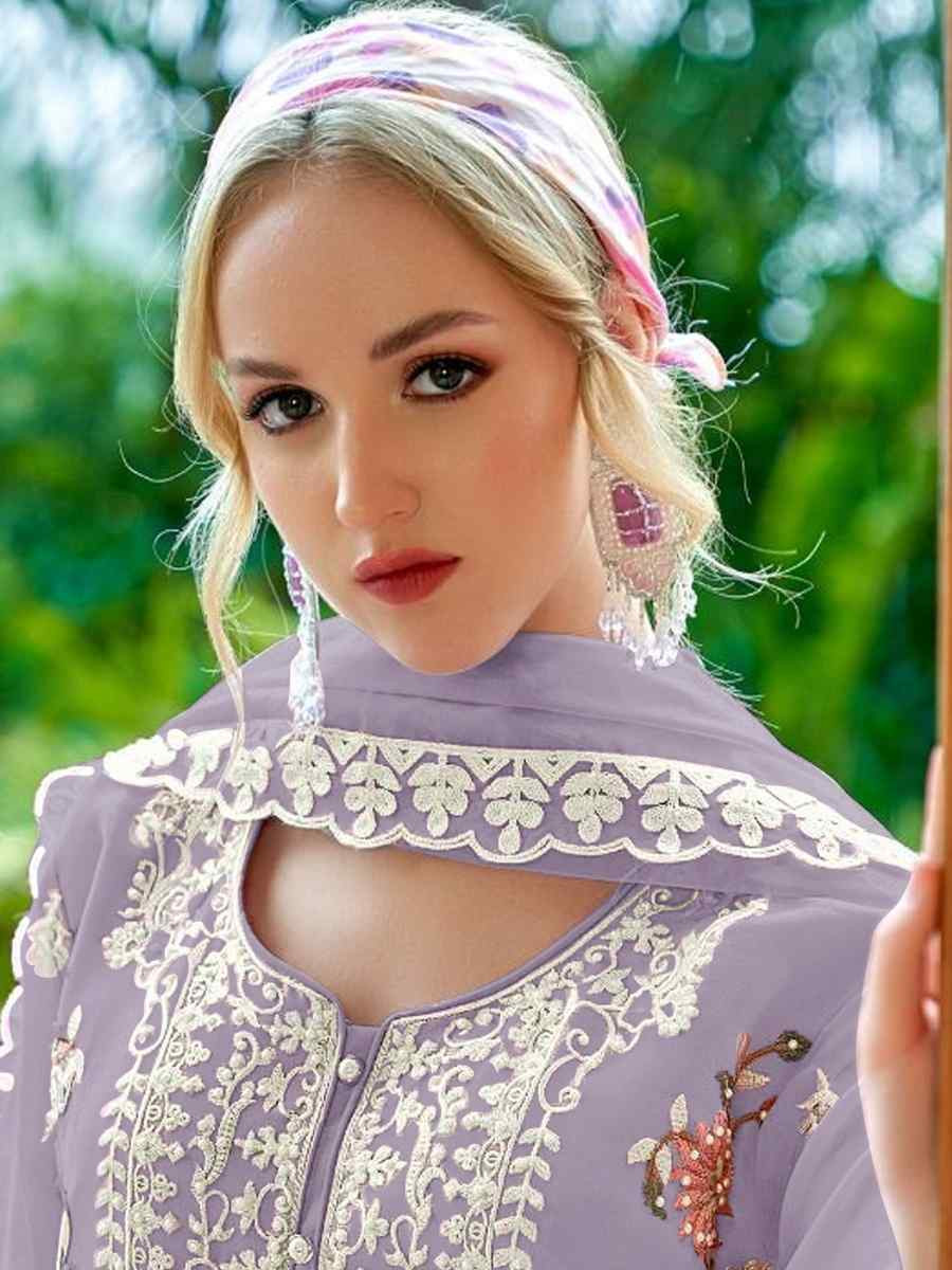 Purple Heavy Fox Georgette Embroidered Festival Wedding Pant Salwar Kameez