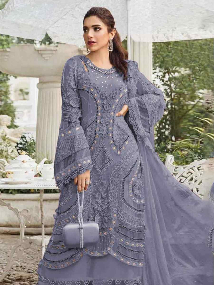 Image of Purple Heavy Fox Georgette Embroidered Festival Wedding Pant Salwar Kameez