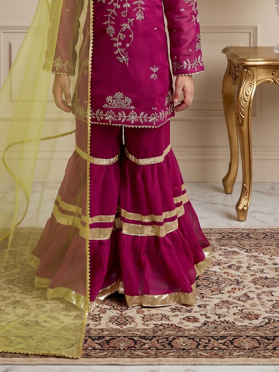 Purple Heavy fox georgette Embroidered Sequins Ethnic Casual Festival Party Wedding Kurta Sharara Girls Wear