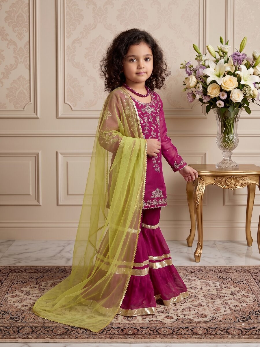 Purple Heavy fox georgette Embroidered Sequins Ethnic Casual Festival Party Wedding Kurta Sharara Girls Wear