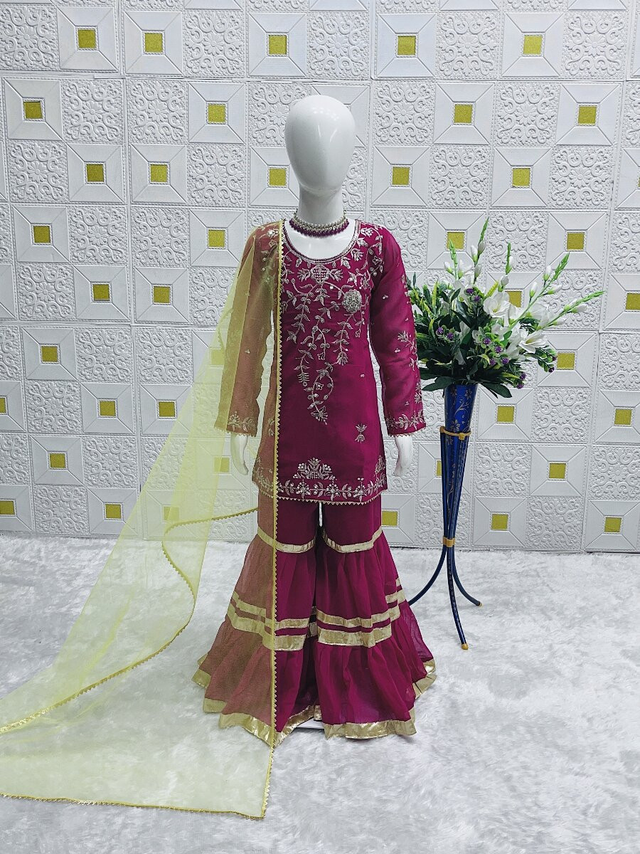 Purple Heavy fox georgette Embroidered Sequins Ethnic Casual Festival Party Wedding Kurta Sharara Girls Wear