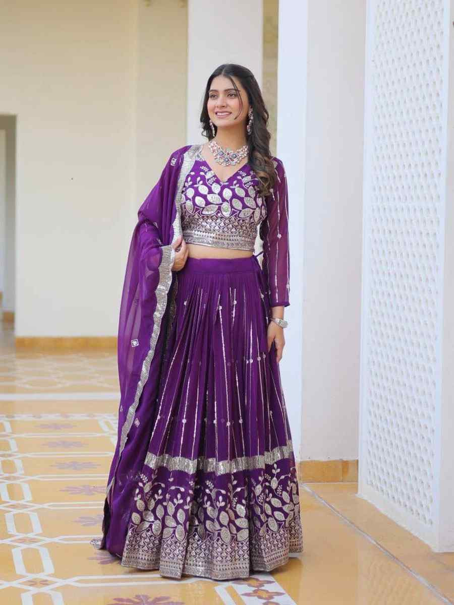 Purple Heavy Fox Georgette Embroidered Wedding Reception Festival Heavy Border Lehenga Choli