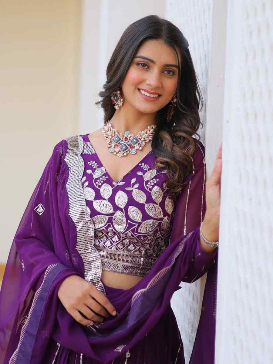 Purple Heavy Fox Georgette Embroidered Wedding Reception Festival Heavy Border Lehenga Choli