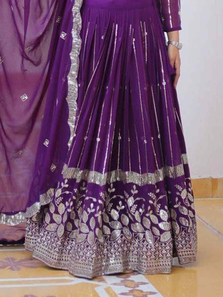 Purple Heavy Fox Georgette Embroidered Wedding Reception Festival Heavy Border Lehenga Choli