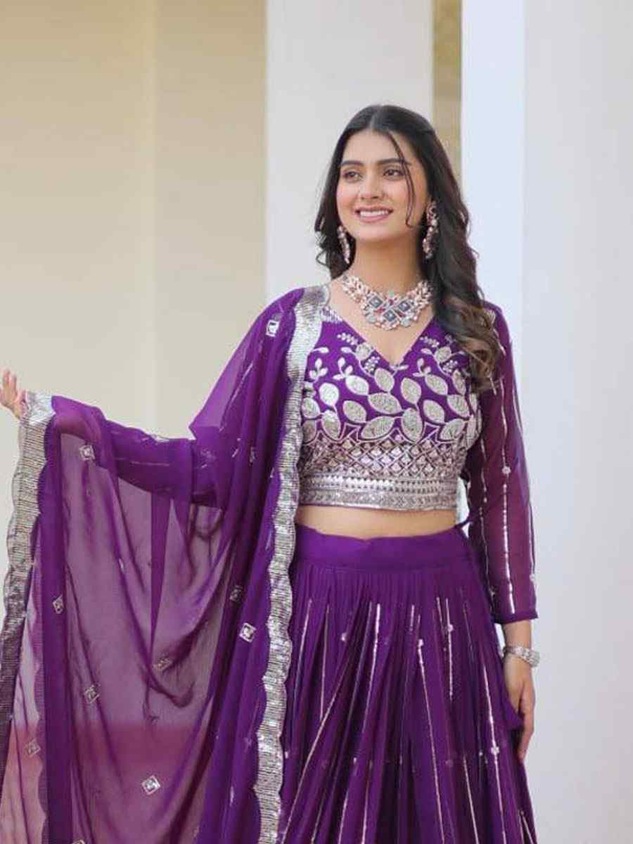 Purple Heavy Fox Georgette Embroidered Wedding Reception Festival Heavy Border Lehenga Choli