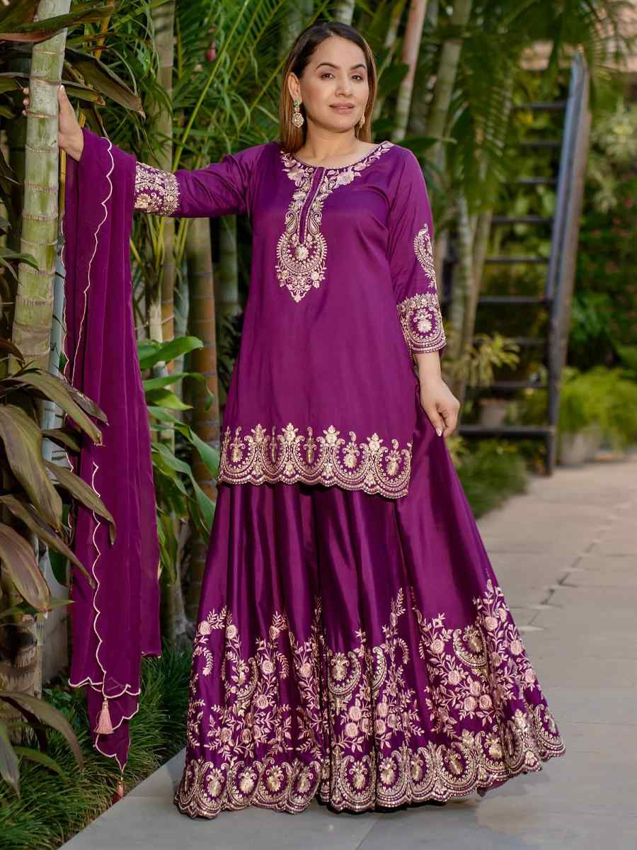 Purple Heavy French Creap Embroidered Party Wedding Ready Sharara Pant Salwar Kameez