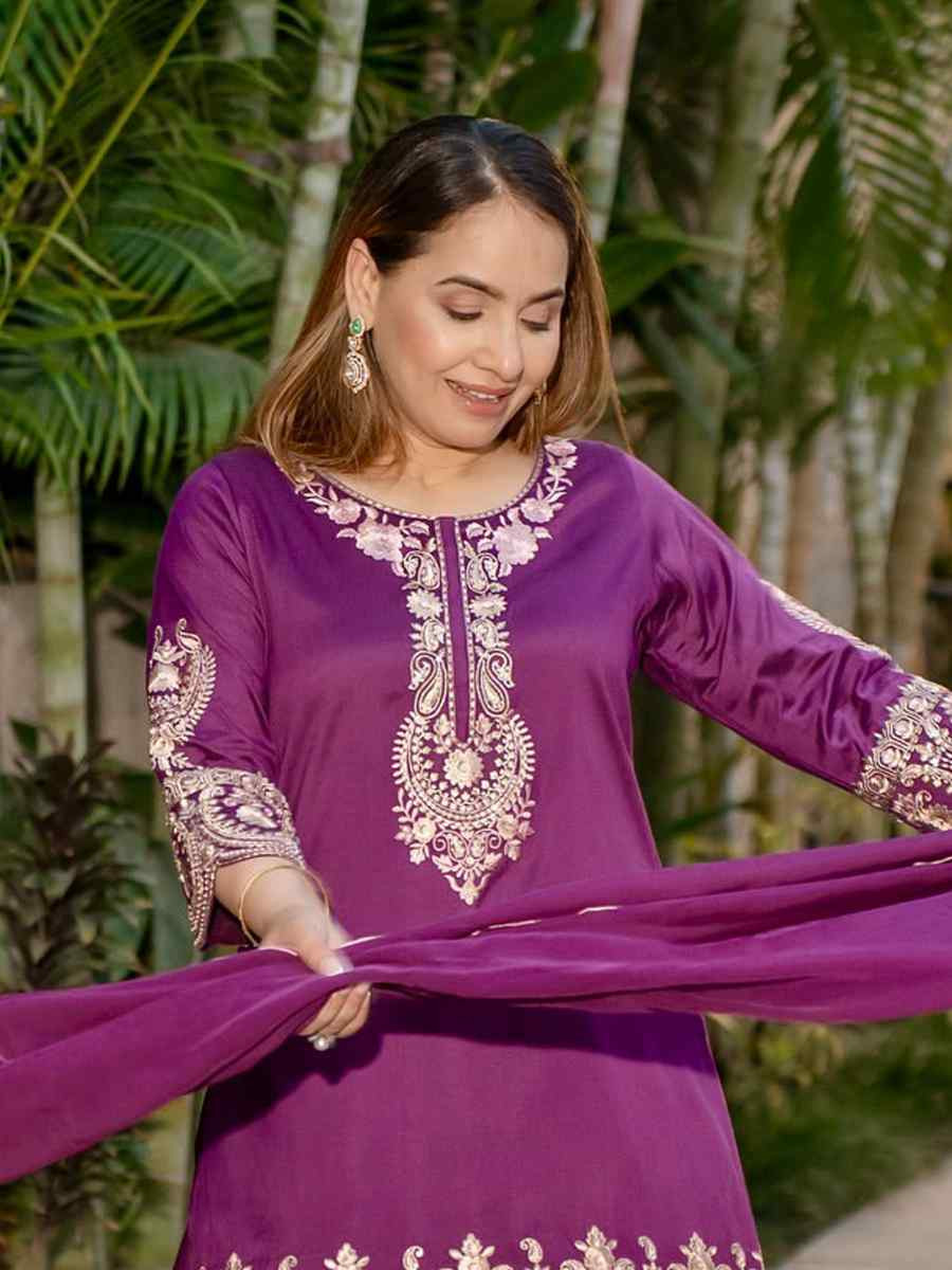Purple Heavy French Creap Embroidered Party Wedding Ready Sharara Pant Salwar Kameez