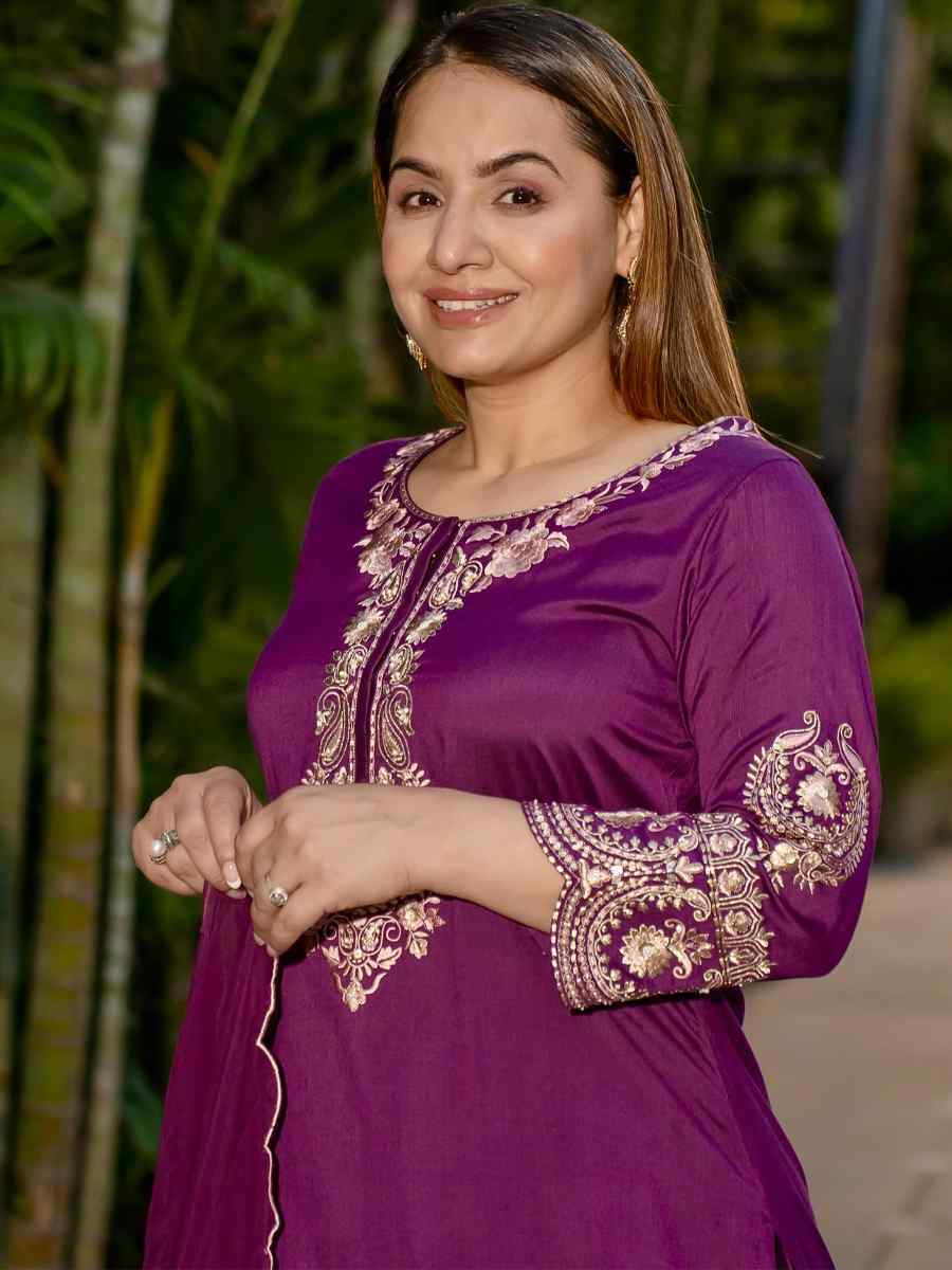 Purple Heavy French Creap Embroidered Party Wedding Ready Sharara Pant Salwar Kameez