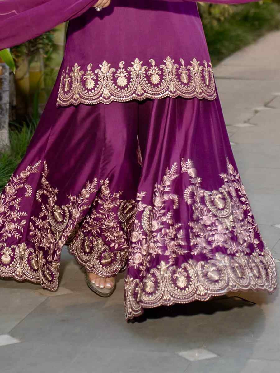 Purple Heavy French Creap Embroidered Party Wedding Ready Sharara Pant Salwar Kameez