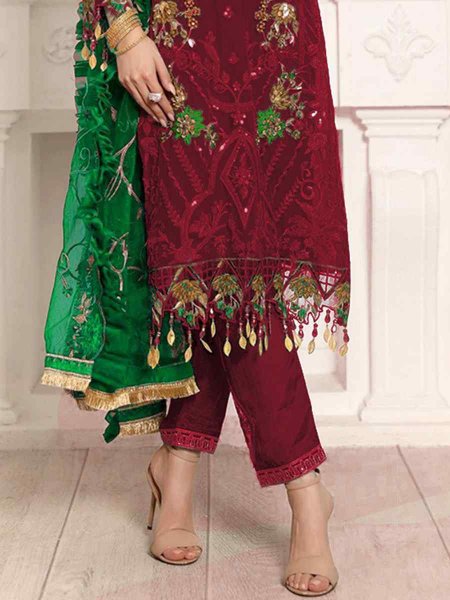 Maroon Heavy Georgette Embroidered Festival Party Pant Salwar Kameez