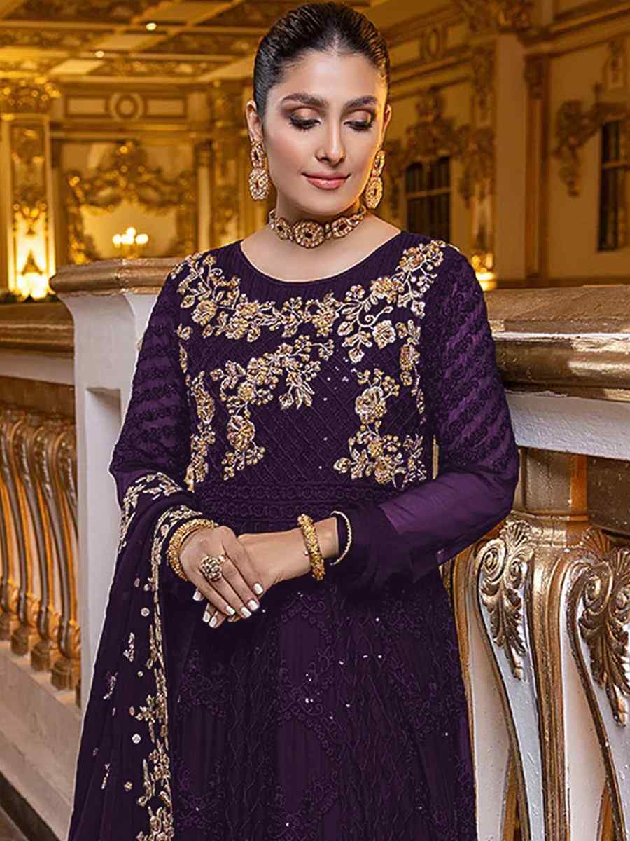 Purple Heavy Georgette Embroidered Festival Party Pant Salwar Kameez