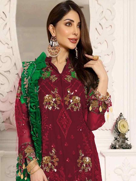 Maroon Heavy Georgette Embroidered Festival Party Pant Salwar Kameez