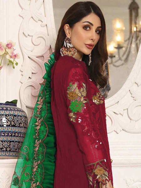 Maroon Heavy Georgette Embroidered Festival Party Pant Salwar Kameez