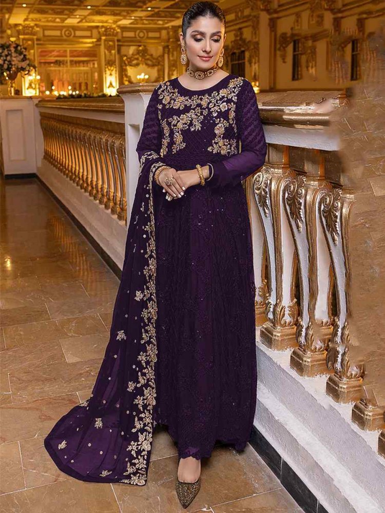Purple Heavy Georgette Embroidered Festival Party Pant Salwar Kameez