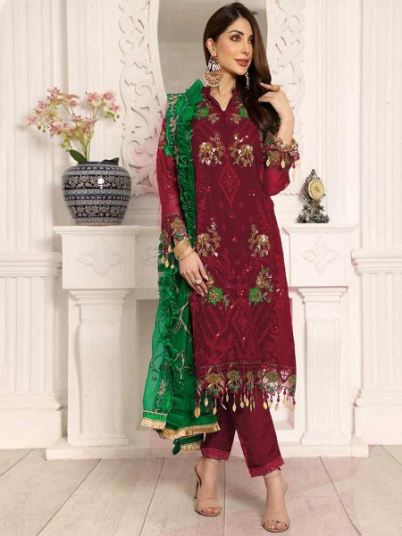 Maroon Heavy Georgette Embroidered Festival Party Pant Salwar Kameez