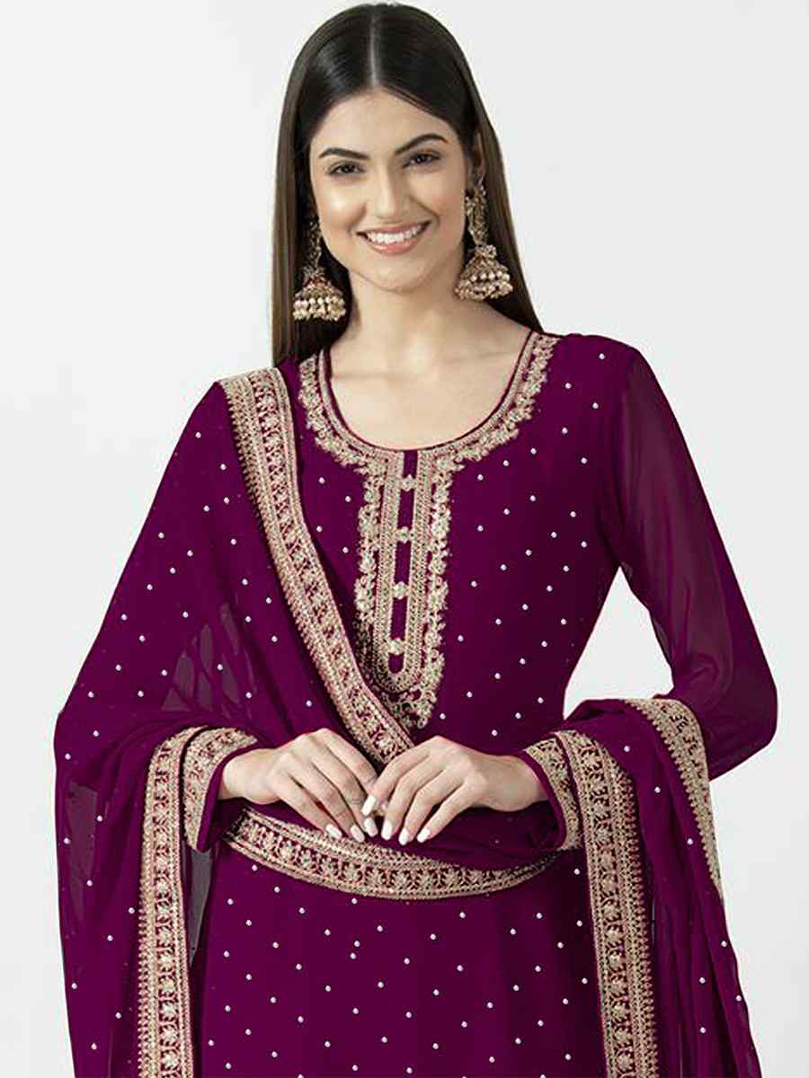 Purple Heavy Georgette Embroidered Festival Party Ready Palazzo Pant Salwar Kameez