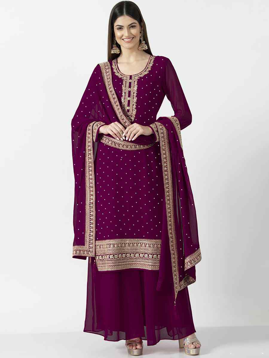 Purple Heavy Georgette Embroidered Festival Party Ready Palazzo Pant Salwar Kameez